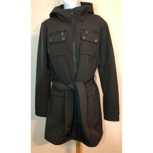 Michael Kors Jacket Parka with Hood Fleece Lined  Pockets Dark Brown Belted sz M - Picture 1 of 7